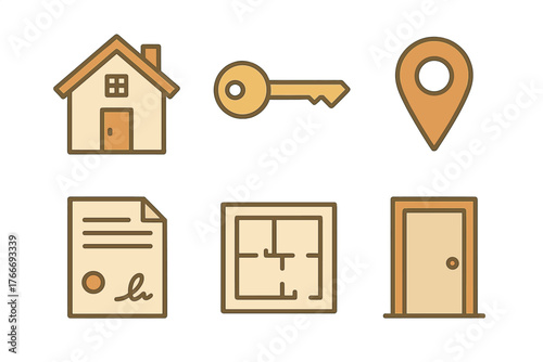 Essential real estate icons set featuring house key location pin contract and floor plan symbols