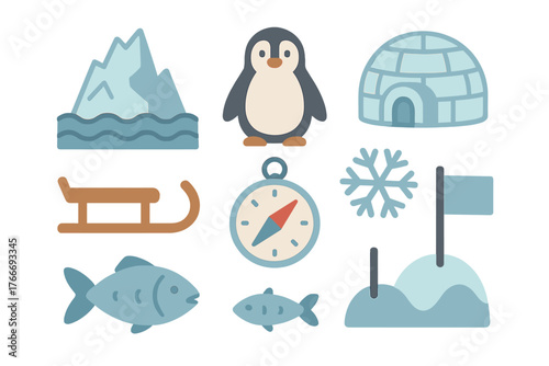 Essential elements for polar exploration including iceberg, penguin, igloo, sled, and compass