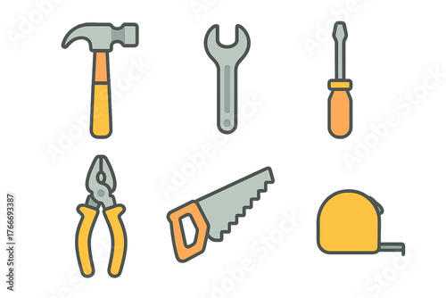 Six essential construction and repair tools including hammer, wrench, screwdriver, saw, pliers, and measuring tape