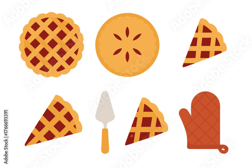 Set of baked sweet fruit pies, individual slices, oven mitt, and serving spatula