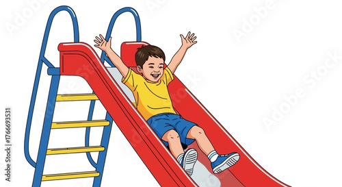 A cheerful young boy sliding down a red playground slide with arms raised