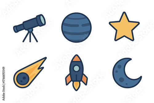 Set of colorful astronomy symbols including planet, star, rocket, telescope, comet, and moon