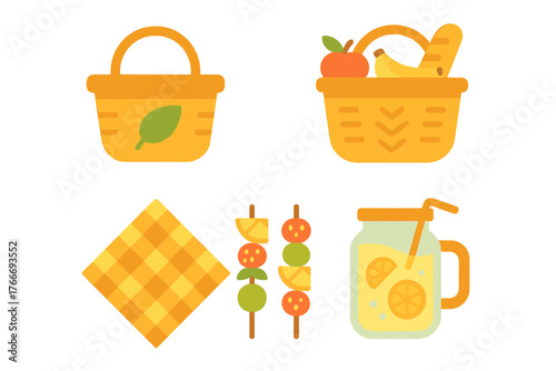 Essential picnic items including food baskets, fresh fruit skewers, lemonade drink, and checkered blanket