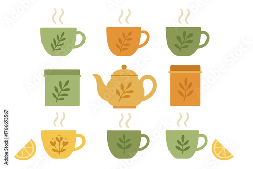 Cozy collection of steaming teacups, teapot, and tea canisters with herbal leaf patterns and fresh lemon slices
