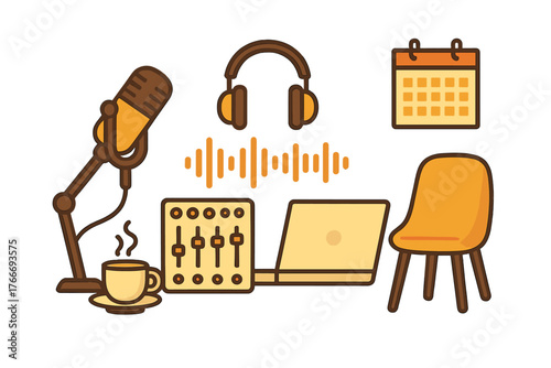 Professional podcast recording setup with microphone, headphones, audio mixer, laptop, and calendar