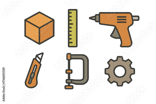 Essential crafting and DIY tools icons set: hot glue gun, ruler, utility knife, and clamp
