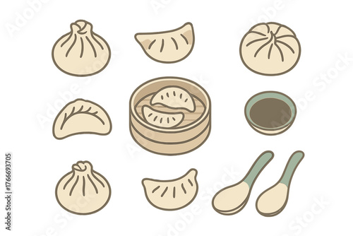 Traditional Chinese dim sum collection with steamed dumplings, bao, jiaozi, and dipping sauce