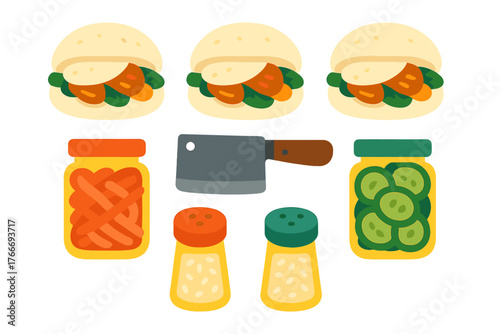 Stylized food items including sandwiches, pickled vegetables, spice shakers, and a meat cleaver