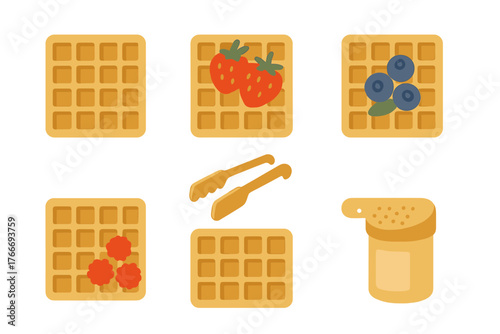 Sweet breakfast waffles topped with fresh berries and fruit, served alongside kitchen tools