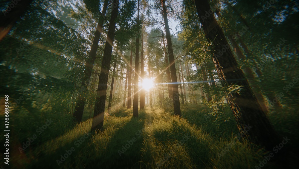 Fototapeta premium Basking pine trunks soaking up morning light in forest clearing, with sunbeams and lens flare