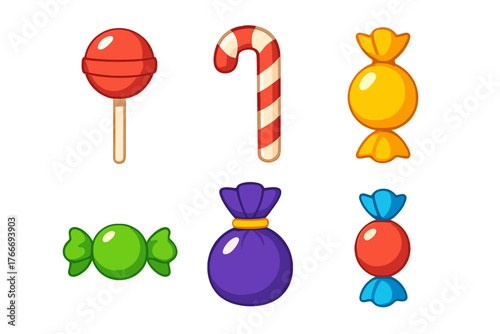 Assortment of colorful cartoon sweets and confectionery icons including lollipop, candy cane, and wrapped treats