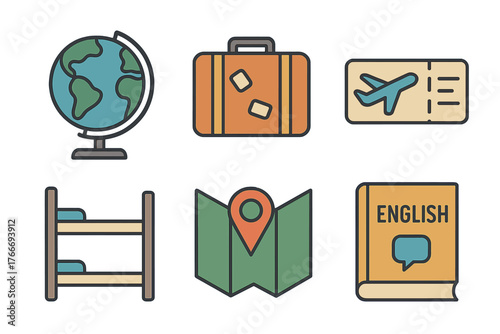 Travel and education icons set featuring globe luggage ticket map and textbook symbols