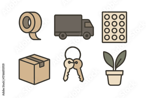 Set of essential items for home moving and relocation including delivery truck, sealed box, packing tape, and house keys