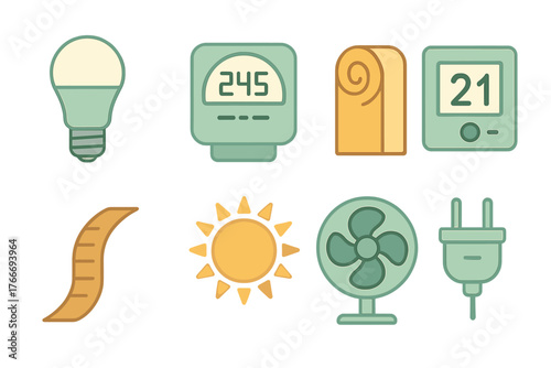 Set of icons representing energy efficiency, climate control, and sustainable consumption