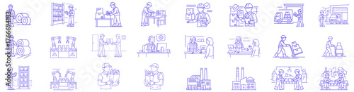 Industrial Process Black Filled Icon Set . Factory, Manufacturing, Automation, PPE Safety Workers, Logistics & Service Vector Pack line icon