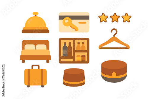 Hotel and hospitality service symbols including bed, key card, bell, minibar, and luggage items