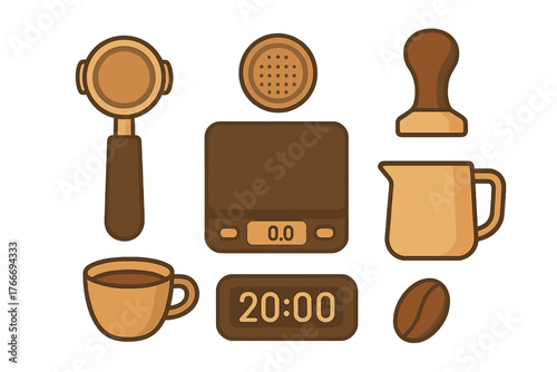 Essential coffee brewing accessories including portafilter, scale, tamper, and milk pitcher