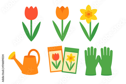 Spring gardening tools and flowers set including tulips, daffodil, watering can, seed packets, and gloves