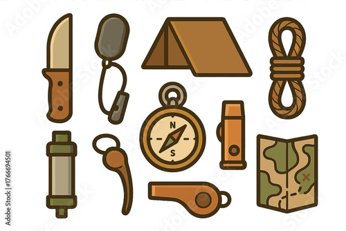 Essential survival and camping gear set featuring compass knife tent and map