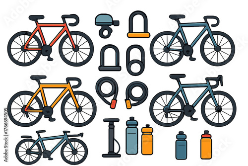 Assortment of various bicycle types and essential cycling accessories including locks, pump, and bottles