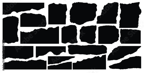 Torn sheets of paper. Collection of torn, ripped pieces of black color paper isolated on white background. Realistic paper scraps with torn edges. Sticky notes, shreds of notebook pages.