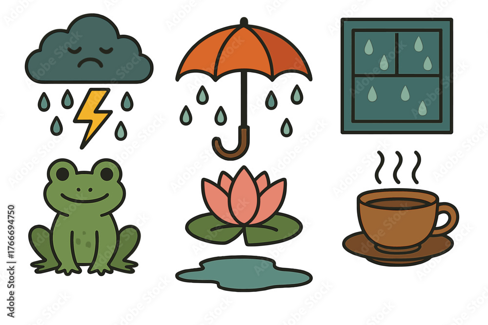 Fototapeta premium Cute weather and nature symbols featuring a frog, umbrella, and stormy cloud