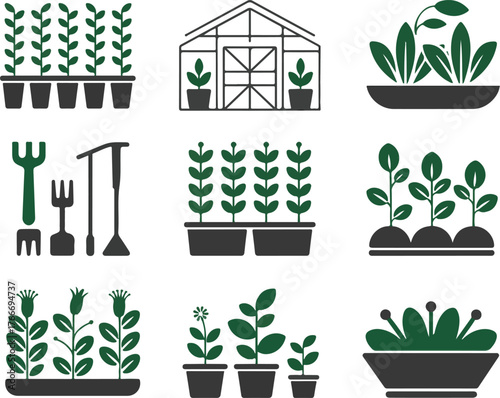 Gardening Icons - Plants, Tools, Greenhouse - Minimalist Agriculture Illustration