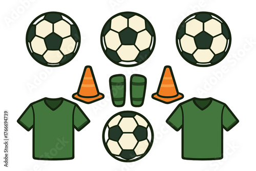 Soccer balls, green uniforms, protective shin guards, and orange practice cones set