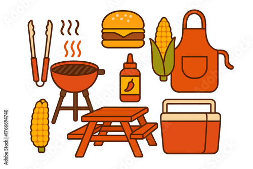 Essential items assortment for a summer barbecue party or outdoor picnic gathering