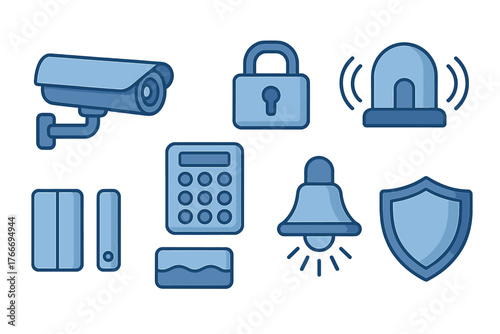 Collection of security and protection icons including surveillance camera, padlock, alarm, and shield
