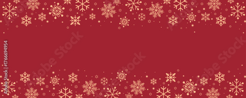Deep red banner with decorative borders of scattered gold snowflakes and stars along the top/bottom edges. Ideal vector header/background for Christmas and winter themes.