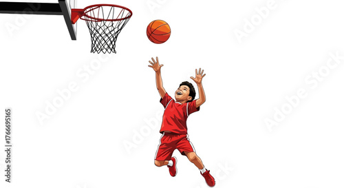 Young boy in red uniform jumping to dunk a basketball into a hoop against a white background