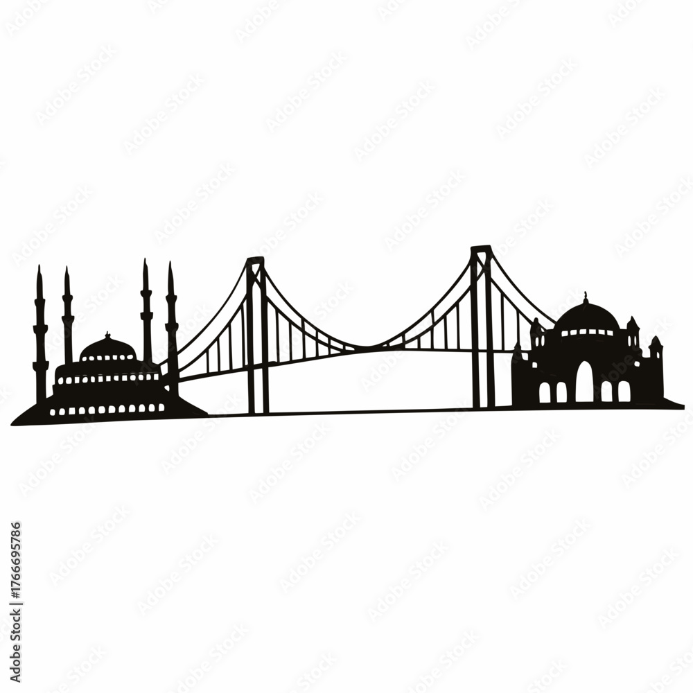 Fototapeta premium Silhouette of a bridge spanning between two mosques with minarets on a white background