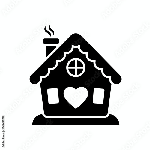 Silhouette of a gingerbread house with heart window and smoke coming from the chimney design icon