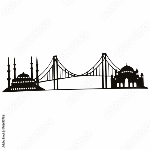 Silhouette of a bridge spanning between two mosques with minarets on a white background