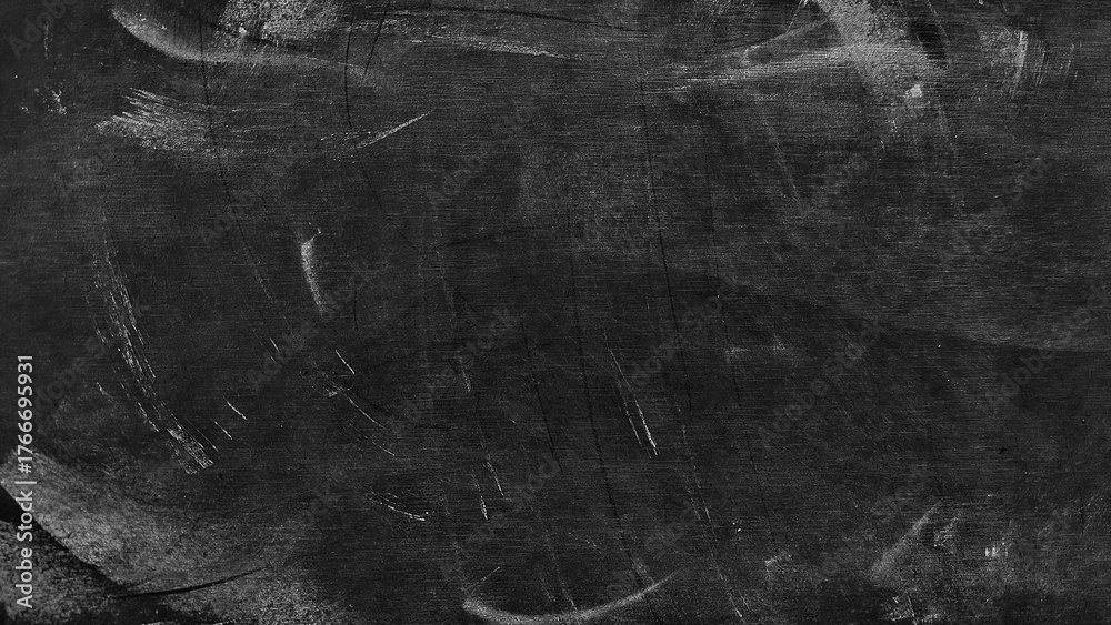Naklejka premium Retro black chalkboard surface with chalk lines and visible scratches. Black dirty dust and scratches overlay. Vintage grunge dusty texture on dark background. Copy space.