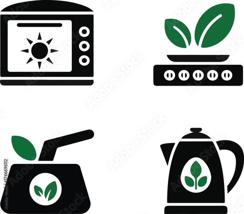 Eco Kitchen Appliances Culinary Icons Sustainable Cooking Tools Illustrations