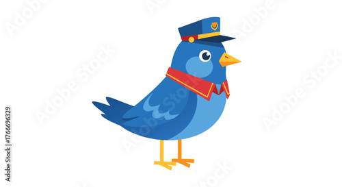 A charming blue bird dressed as a mail carrier, complete with a hat and red scarf, ready to deliver messages with a cheerful disposition