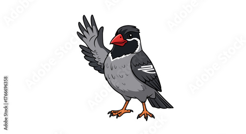 A Cute Cartoon Bird With Gray and White Feathers, a Red Beak, and Black Markings on its Head, Waving Hello with its Wing