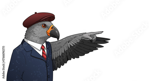 An anthropomorphic parrot wearing a suit and beret, pointing to the side with its wing, suggesting direction or indicating a point of interest for storytelling