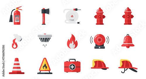 Fire Safety Equipment Icons Extinguisher, Axe, Hose, Hydrant, Siren, Helmet, First Aid Kit, and More