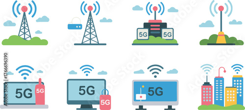 5G Network Towers and Devices Illustration with Seamless Background