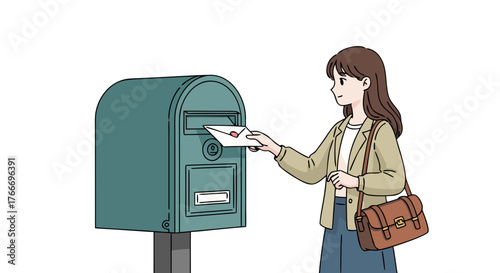 A young woman in a jacket and skirt is placing a letter into a teal mailbox on a white background
