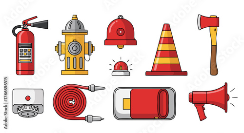 Collection of firefighting equipment, including a fire extinguisher, hydrant, hose, axe, alarm, cone, siren, and megaphone for emergency services