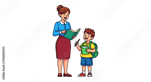 Smiling female teacher holding a book interacting with a young schoolboy with a backpack and notepad in a fun and educational setting