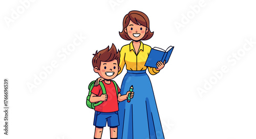 Illustration of a smiling mother and son reading a book together, preparing for school with a backpack and pencil