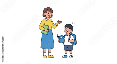 An enthusiastic teacher holding a book, explaining something to a surprised student carrying a backpack, illustration