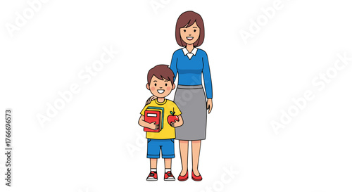 Illustration of a smiling mother and son standing together with the son holding a book and apple, representing education and family bonding