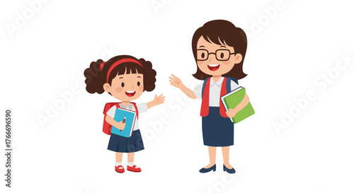 Smiling teacher and happy student with books, ready for education and learning, symbolizing school and knowledge sharing