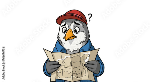 A confused penguin wearing a hat and jacket is looking at a map and trying to figure out where to go on a journey